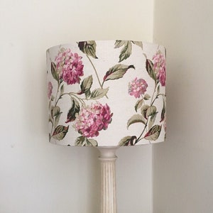 LAURA ASHLEY HYDRANGEA Handmade Lampshade, Natural and Pink Linen Lampshade, Designer Lampshade, Drum Lampshade, Cylinder Lampshade