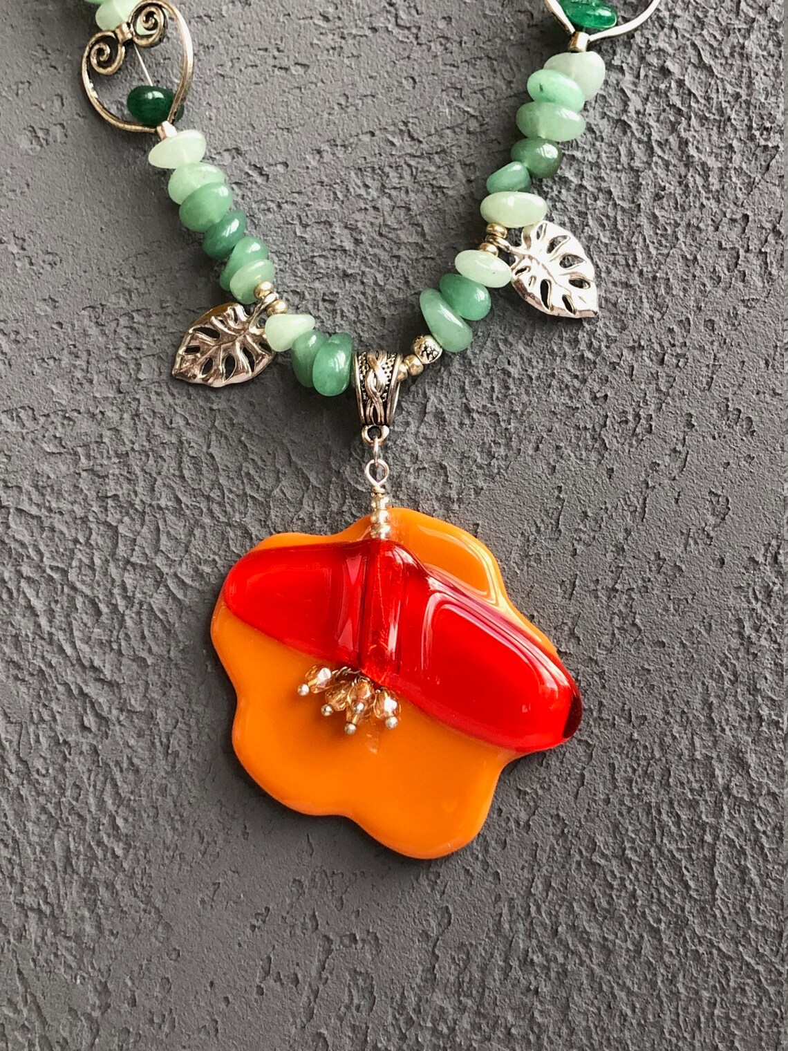 Green Jade Necklace With Orange Fused Glass Flower Вeaded Etsy