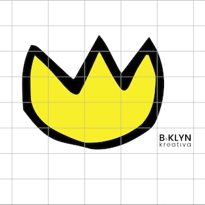 Op de afbeelding: Een gele kroon met een zwarte omtrek. De kroon staat op een witte achtergrond met een zwart raster.