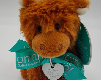 Happy Birthday Love you to the Moooooon and back -  Mini Highland Coo Cow plush soft toy, boxed CE/UKCA. Birthday Day Gift Idea