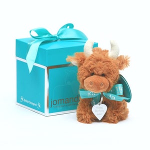 Personalised Mini Highland Cow plush soft toy in pop up box CE/UKCA