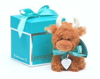 Personalised Mini Highland Cow plush soft toy in pop up box CE/UKCA