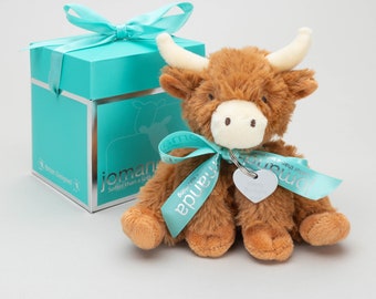 Personalised Mini Longhorn Horny Highland Cow plush soft toy in pop up box CE/UKCA