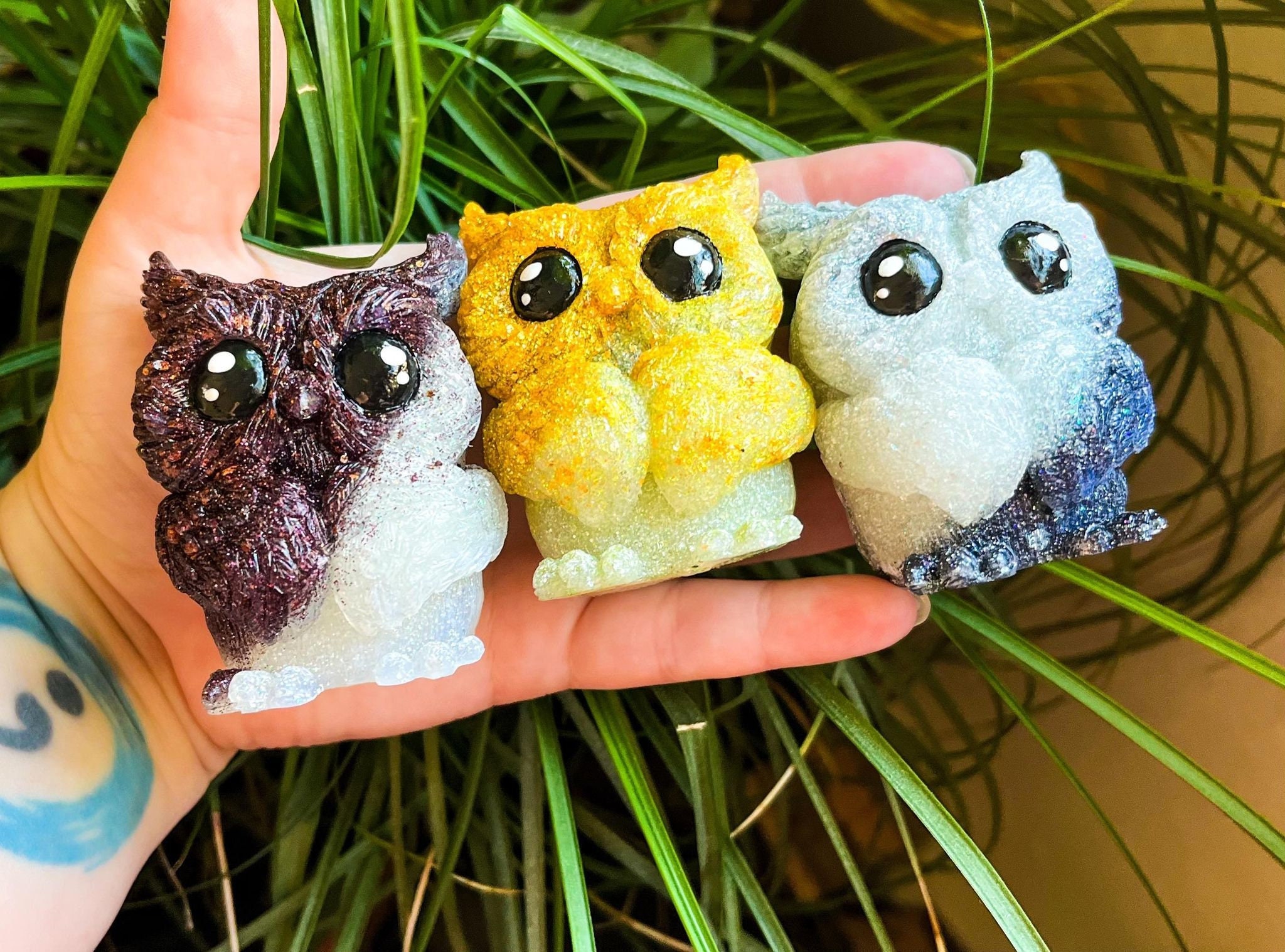 Glitter Resin Baby Owl Figurine: Handmade Statue