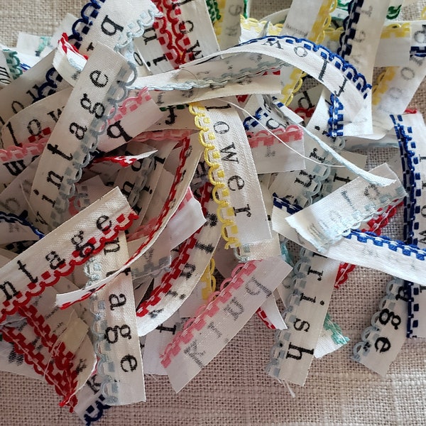 50 Assorted Stamped Vintage Ribbon Colored Lace Trim Word Labels Junk Journal Embellishments Card Tag Page Scrapbook Typewriter Font Shabby