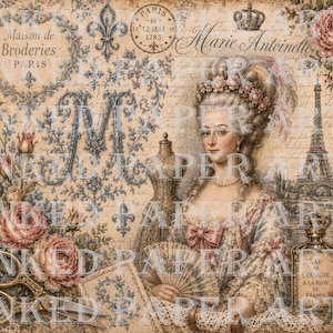 Puede incluir: Una lámina decorativa con un retrato de María Antonieta, un maniquí, la Torre Eiffel y unas tijeras antiguas. El fondo incluye motivos florales, texto manuscrito, una corona y un frasco de perfume etiquetado como Eau de Cologne.