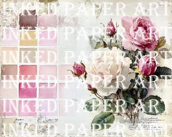 Antique French Watercolor Floral Paint Swatch Strip Shabby Chic Digital Paper Kit Ephemera Junk Journal Scrapbook Mixed Media Art Download