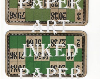 May include: Two vintage bingo cards with a green and tan color scheme. Each card features a grid of numbers and the words "INKED PAPER ART" overlaid in white. The cards have a decorative border.