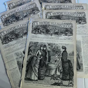 Antica rivista francese di moda femminile "La Mode Illustrée", pagine grandi, bellissimi lavori in pizzo su carta, tecnica mista, diario di ritagli artistici
