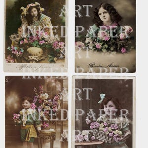Kit de papel digital con fotografías de niños franceses antiguos, postales, efímeras, diario basura, álbum de recortes, arte en técnica mixta, descarga de escaneos originales