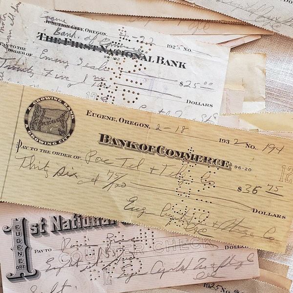 10 Assorted Antique Paper Bank Checks Hand Written Canceled Stamped Punched Junk Journal Ephemera Craft Promissory Note Vintage Old Ledger