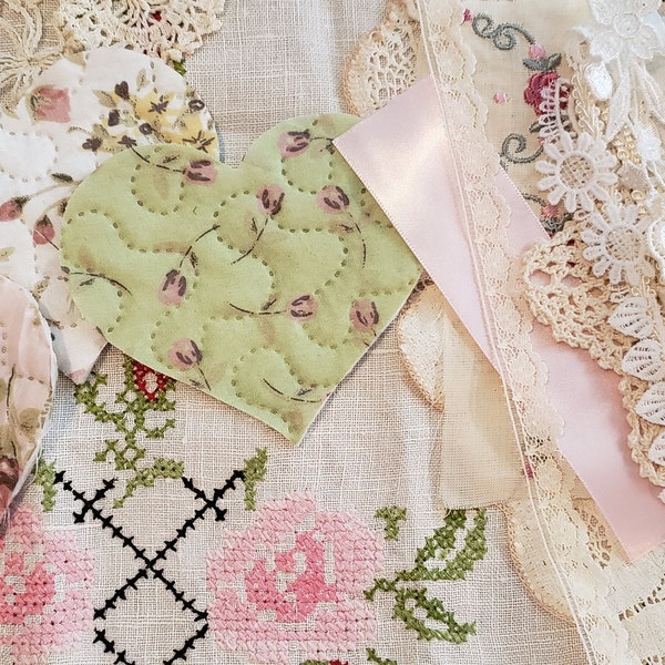 Pretty Shabby Chic Quilt Heart Slow Stitch Kit Junk Journal Topper Closure Band Embellishment Ephemera Sew Glue or Stitch Scrapbook Home Dec