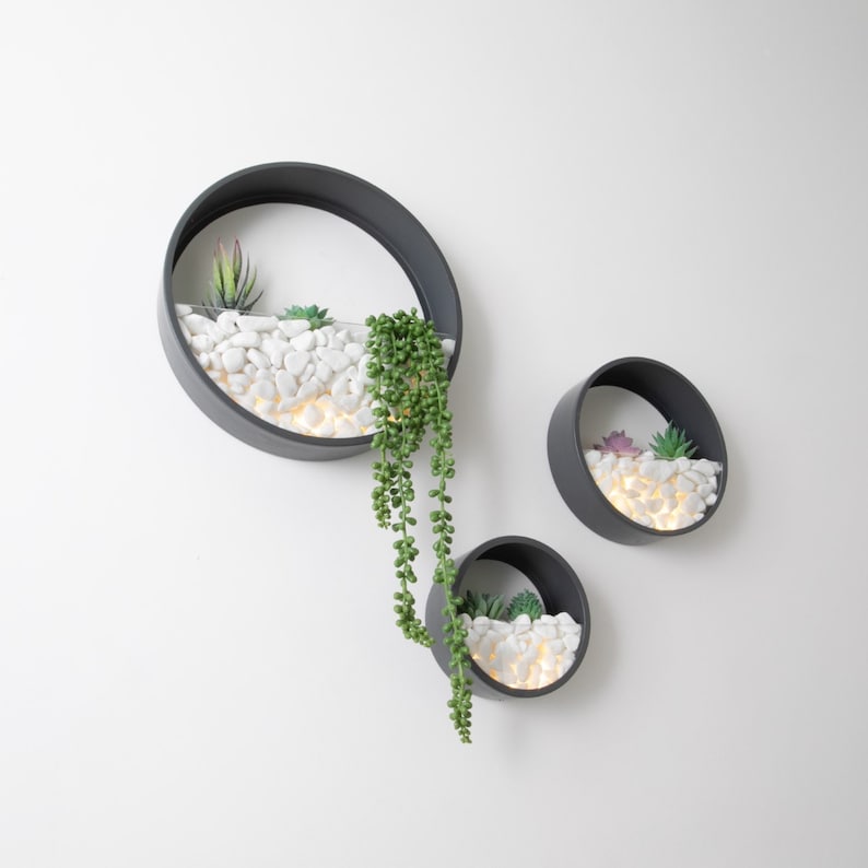 Wall Planters Circular Set 3 Colours Inc Artificial Plants LED Lights Pearl White Stones image 4