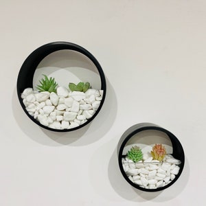 Wall Planters Circular Set 3 Colours Inc Artificial Plants LED Lights Pearl White Stones image 3