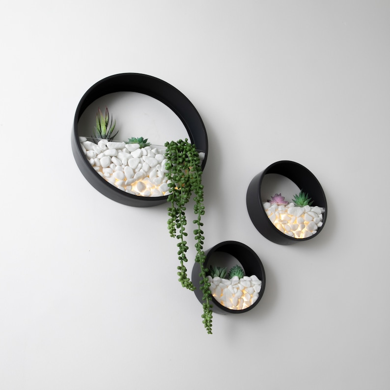 Wall Planters Circular Set 3 Colours Inc Artificial Plants LED Lights Pearl White Stones image 1