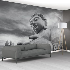 Buddha Wall Mural Statue Black and White Paste The Wall Wallpaper - 366cm x 253cm