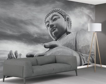 Buddha Wall Mural Statue Black and White Paste The Wall Wallpaper - 366cm x 253cm