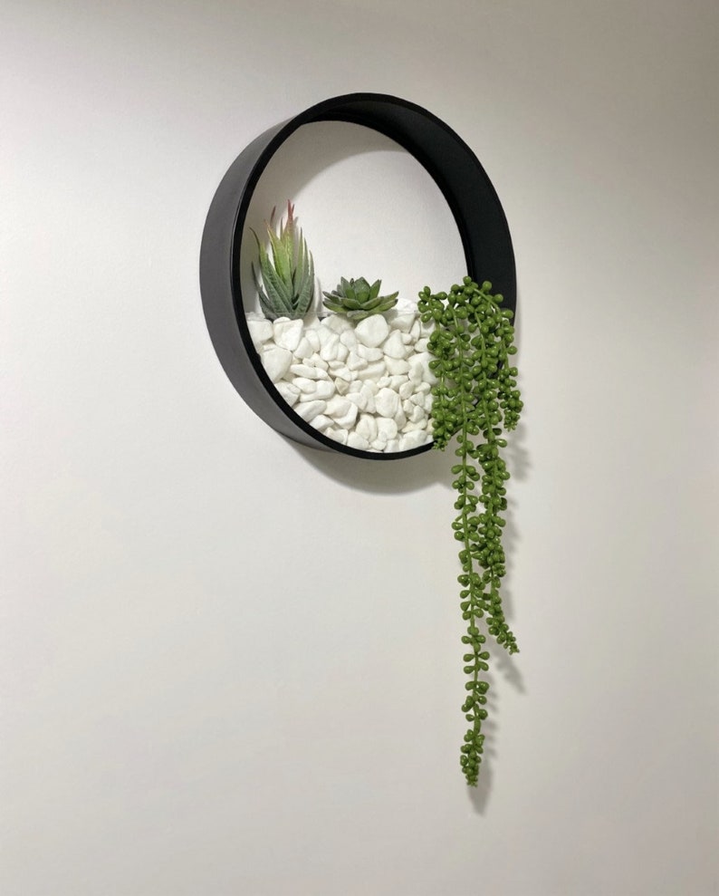 Wall Planters Circular Set 3 Colours Inc Artificial Plants LED Lights Pearl White Stones image 2