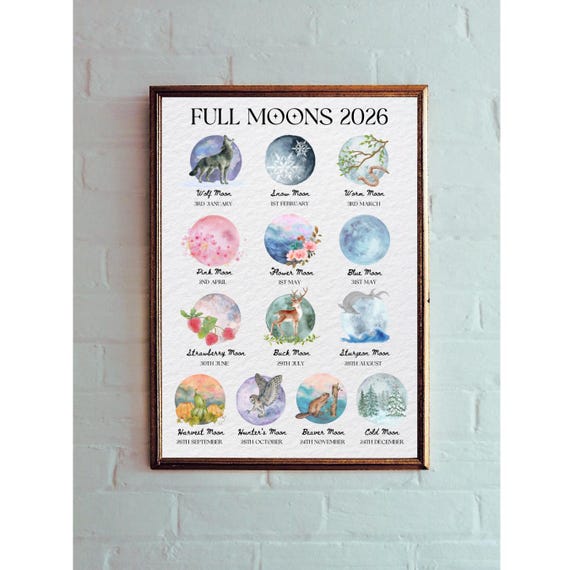 2026 Full Moon Calendar Printable: Witchy Celestial Art (digital