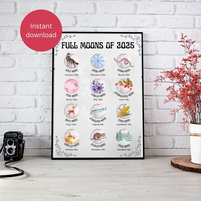 Full Moons of 2025 Printable A4 Poster | Lunar Calendar | Full Moon Art ...