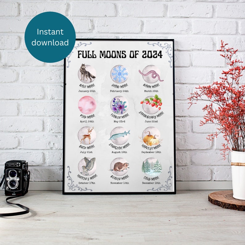 Full Moons of 2024 Printable A4 Poster Lunar Calendar Full Etsy
