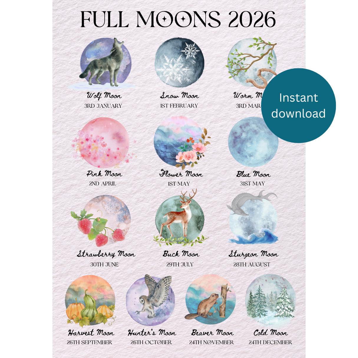 2026 Full Moon Calendar Printable: Witchy Celestial Art (digital ...