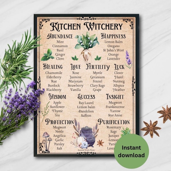 Kitchen Witchery Printable Poster | Digital Download | Kitchen Witch Decor | Witchy Wall Art | Witch plants & herbs art | Green Witch