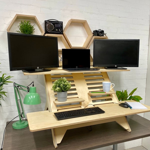 XL Adjustable Standing Workstation | Birch Plywood | Large Desktop Stand | Monitor Laptop Holder