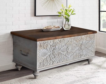 Baúl de madera de mango tallado a mano: baúl de almacenamiento vintage bohemio