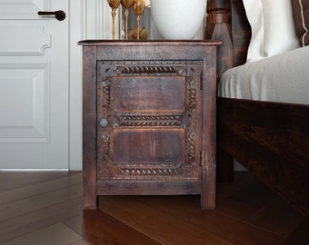 Hand Carved Wooden Bedside Table, Walnut Brown Mango Wood Nightstand