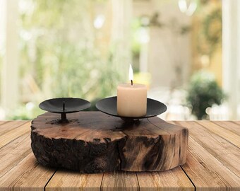 Acacia Wood Live Edge Candle Holder, Iron Accents