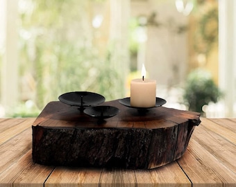 Live Edge Acacia Wood Candle Holder - Natural Finish, Vintage Decor