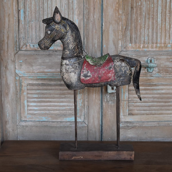Vintage Indian Wooden Horse Fitted on Iron Stand Hand Crafted Home Decor Painted with Antique Distress Finish