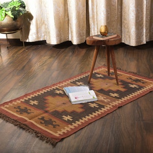Ajrak Woven Rug Black and Brown Killim Wool Jute Indian Dhurrie Boho Home Decor Area Rugs Anti Slip Rugs