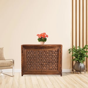 Wooden Side Board Carved Jali 2 Door Mango Wood with Brown Finish Vintage Home Furniture-READY TO SHIP