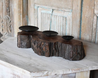 Acacia Wood Live Edge Candle Holder, Iron Accents, Natural Finish
