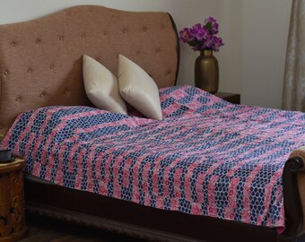 Indian Kantha Bedcover Queen Size Handmade Pure Cotton Quilt Bedspread or Throw