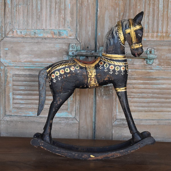 Vintage Indian Wooden Rocking Horse Hand Crafted Beautiful Home Decor Painted with Antique Distress Finish