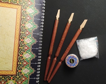 Arabic Calligraphy Sets - 20 Pcs of Glossy Paper Ornament - 3 Pcs of Qalam Bamboo Pens - 1 Pcs of Inkwell and Silk Likka