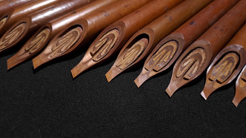 Artisan-crafted Handam Bili qalam set arranged upright with detailed traditional nib cuts.
