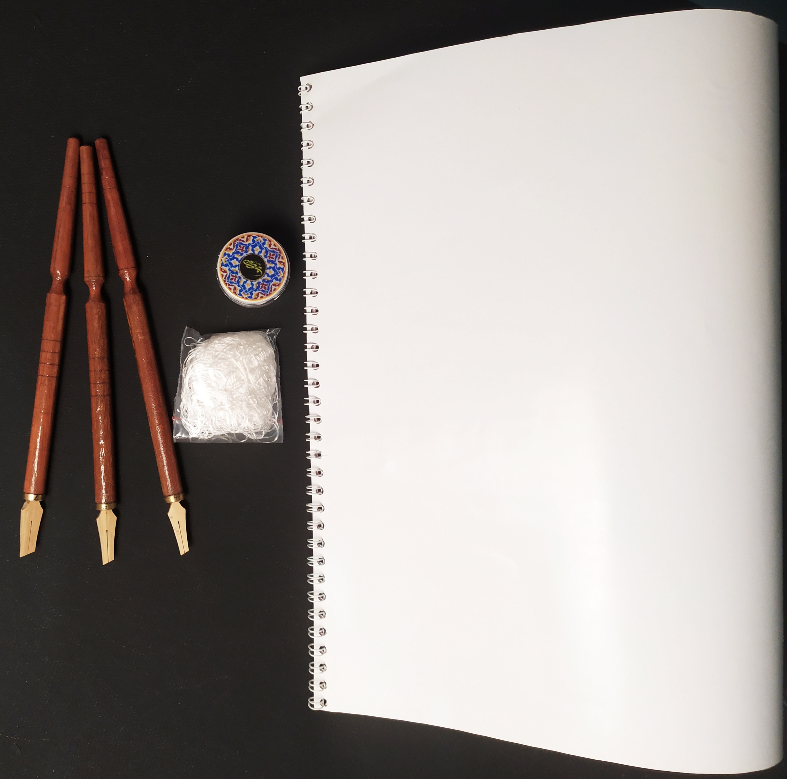 Arabic Calligraphy Set 2 - 20 Pcs of a4 Glossy Paper - 3 Pcs of Qalam Bamboo - 1 Pcs of Ink Tube and Silk Likka