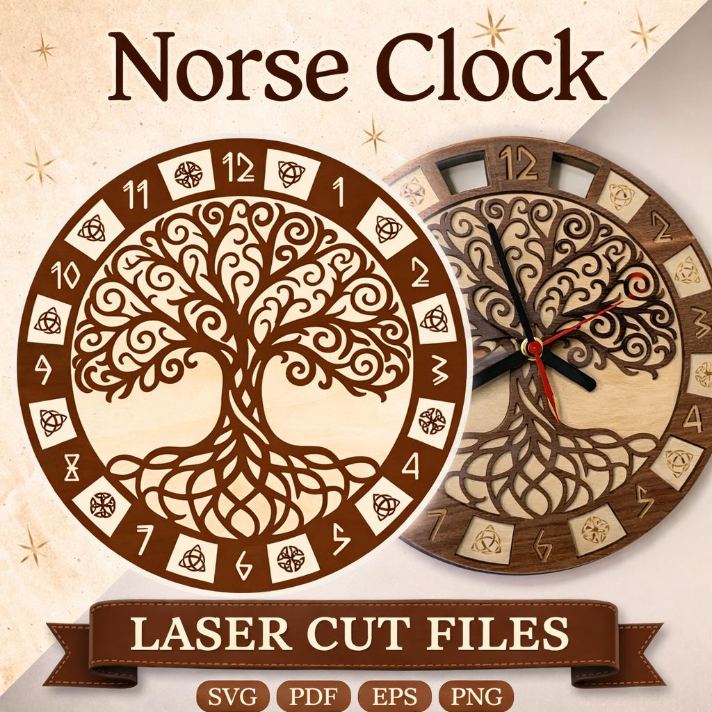 Norse Tree of Life Clock Laser Cut Files | Viking Rune Wall Clock .svg ...