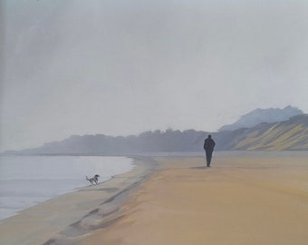 Original Ölgemälde Landschaft Strand Küste Suffolk Mann und Hund