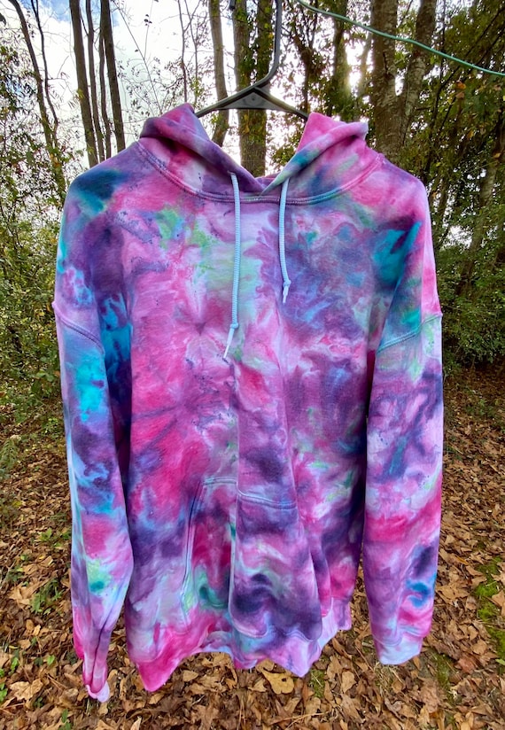 Unisex Ice Dye Hoodie: Fuchsia, Jade, and Purple Tie Dye