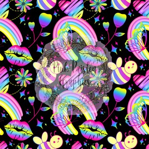 Neon - Bees - Rainbows - Flowers - Kisses - Seamless Design