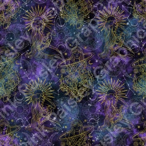 Puede incluir: Un patrón sin costuras que presenta un diseño celestial con contornos dorados sobre un fondo morado y azul. El patrón incluye una mujer con el pelo suelto, estrellas, lunas y soles.