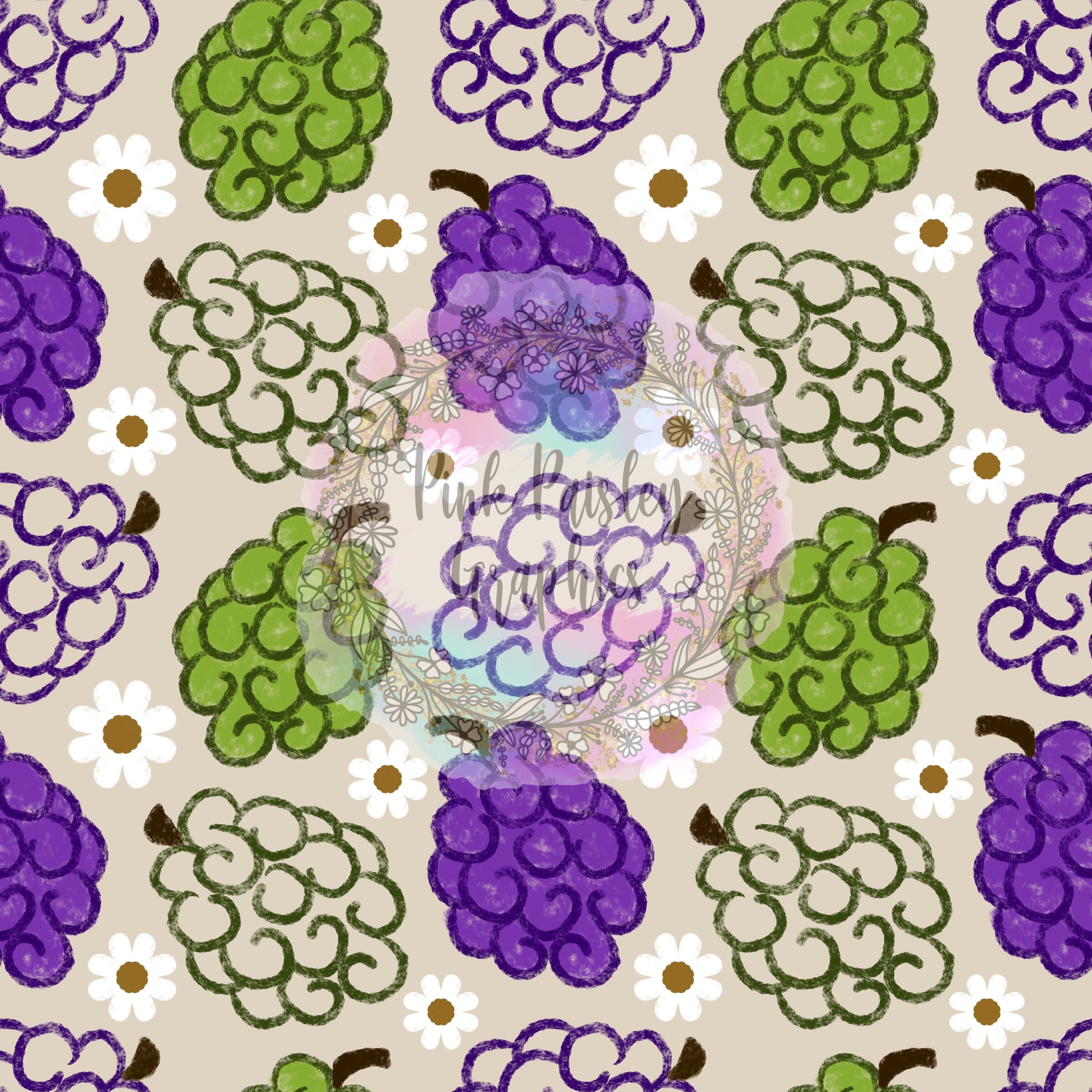 Cottage Core - Grapes - Crayon Texture - Seamless Design