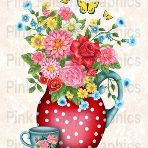 May include: A red polka-dotted pitcher with a blue handle and a matching teacup, both adorned with a floral arrangement. The pitcher is filled with a variety of colorful flowers, including roses and dahlias, and accented with yellow butterflies.