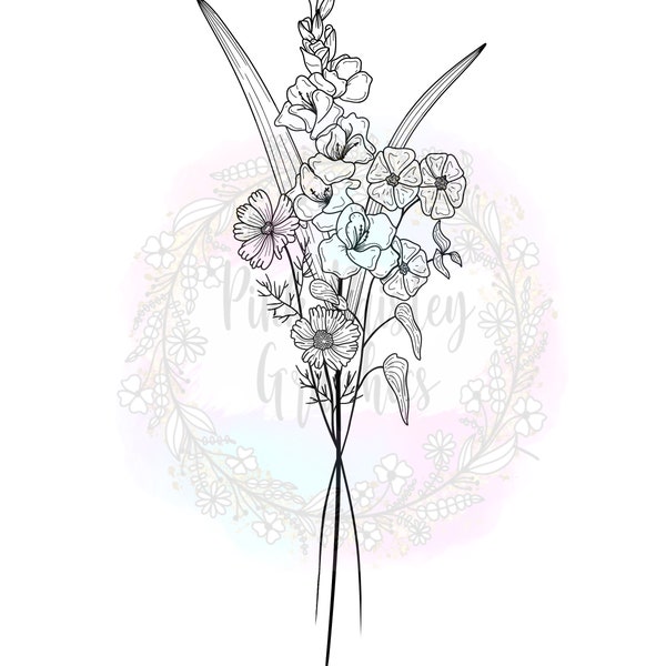 Floral Bouquet - Gladiolus - Cosmo - Morning Glory - Line Art - PNG - Clip Art - Transparent Background