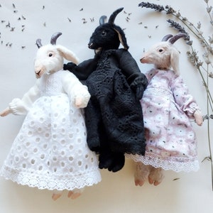 Cute goat art dolls in dresses,handmade custom stuffed goat doll,custom plush goat,black goat doll, teddy goat,goat plushie toy,animal doll